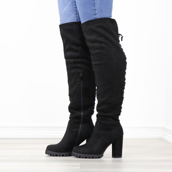 Full Lace-Up Back Black Faux Suede Thigh High Over The Knee Lug Block Heel Boots - Picture 14 of 14